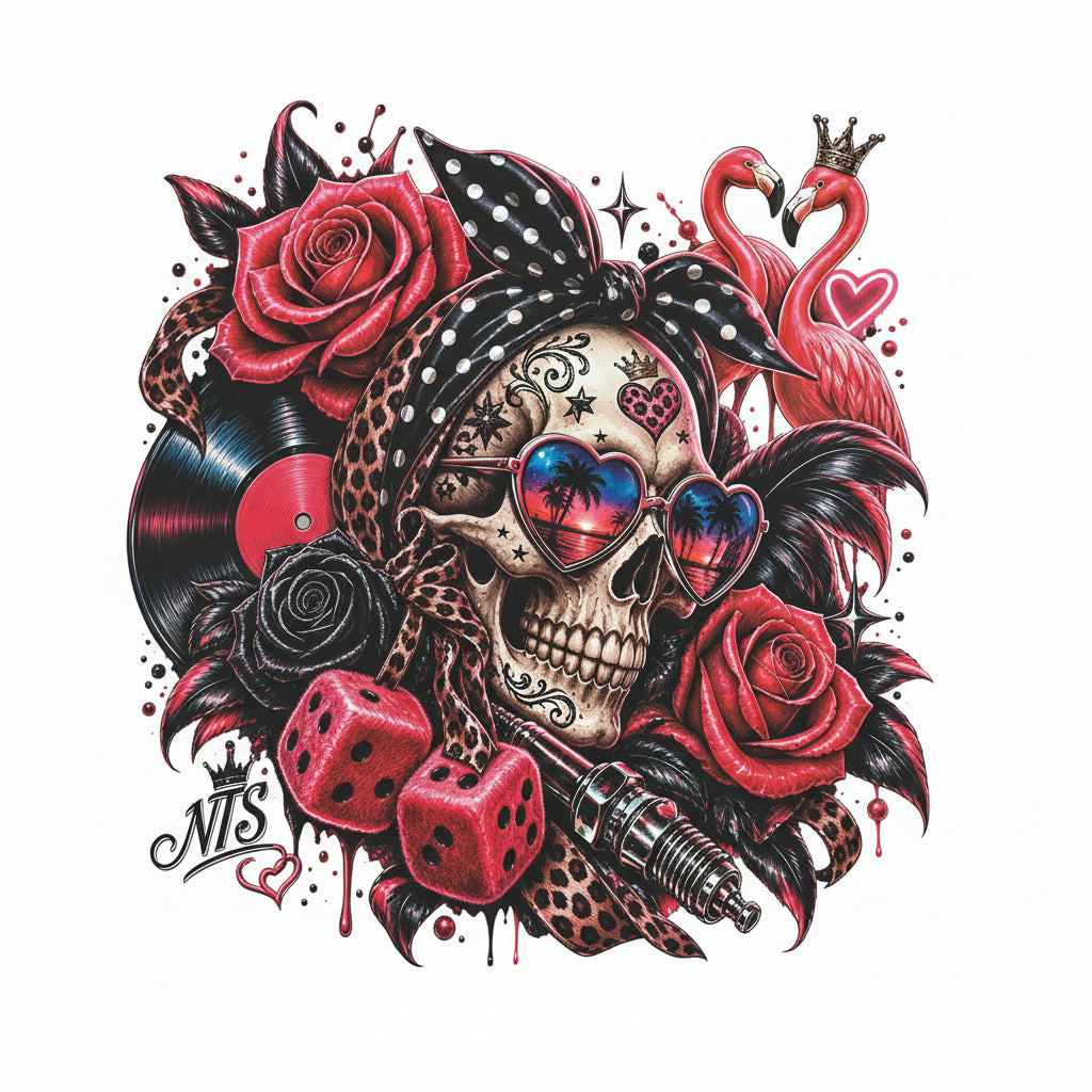 DTF Bügelbild NTS Skull Rockabilly mit Rosen und Flamingos