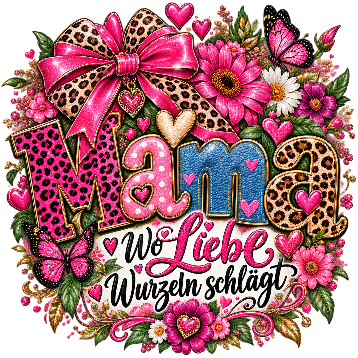 Mama – Wo Liebe Wurzeln schlägt, DTF-Bügelbild mit Blumen und Schleife