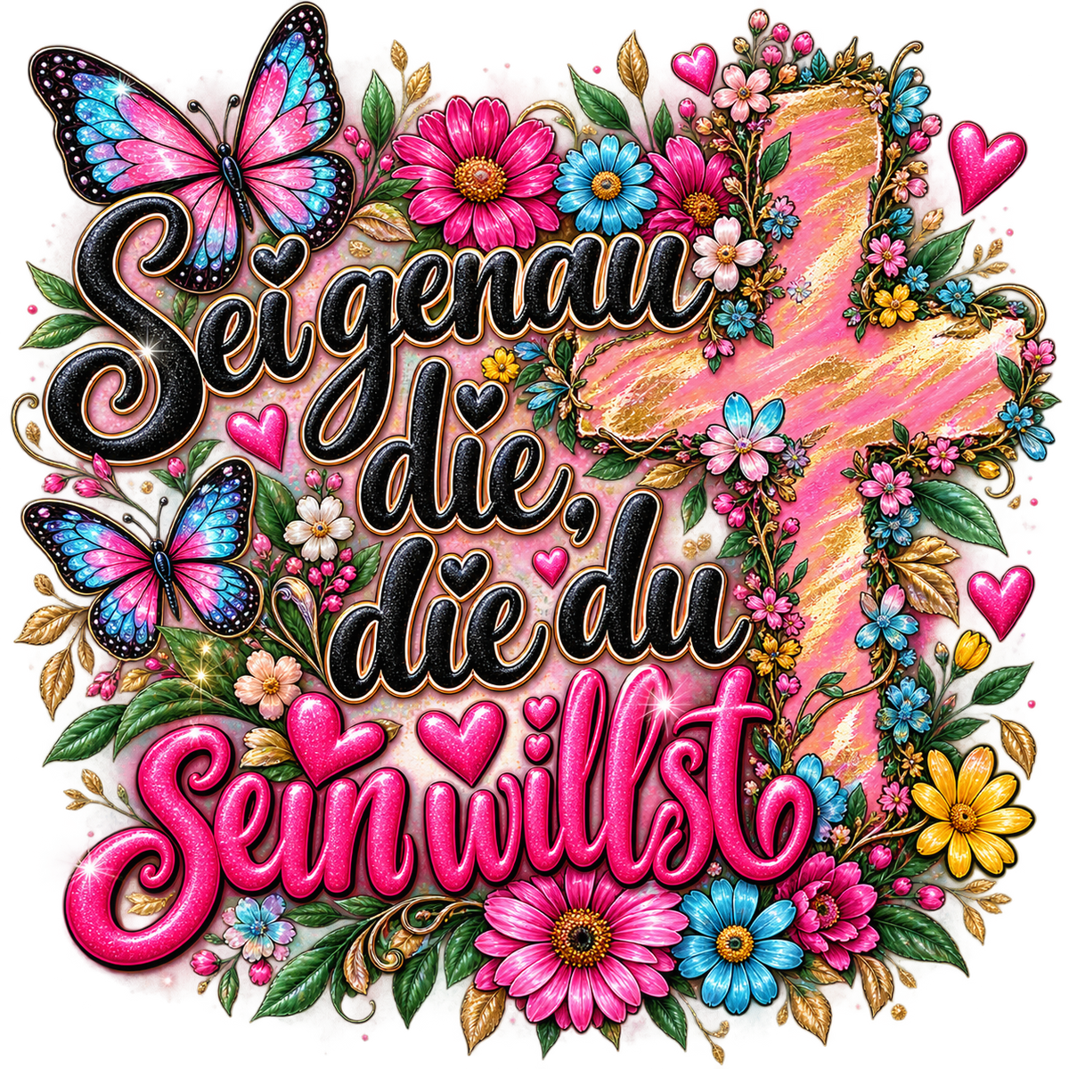 Sei genau die, die du sein willst – DTF-Bügelbild mit Blumen, Schmetterlingen und Kreuz