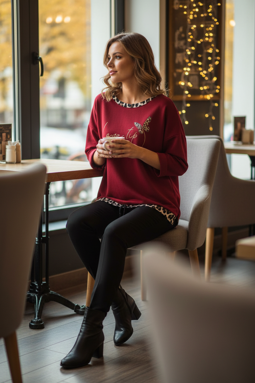 Leo-Pullover Bordeaux – Cozy Café Lifestyle