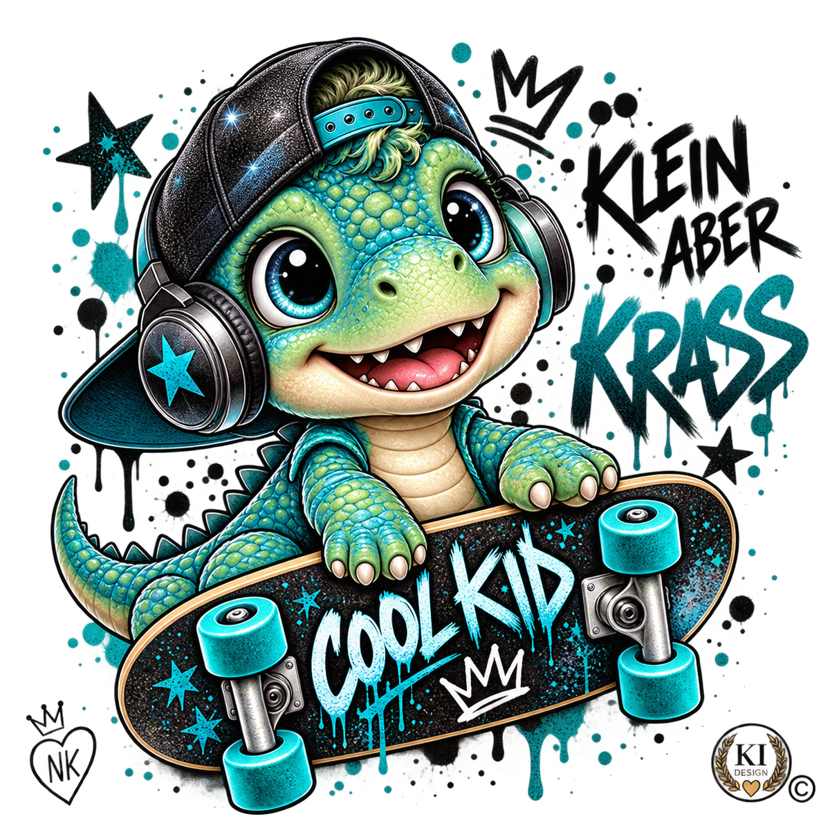 Kids Bügelbild Dino Cool Kid mit NK Kennzeichnung