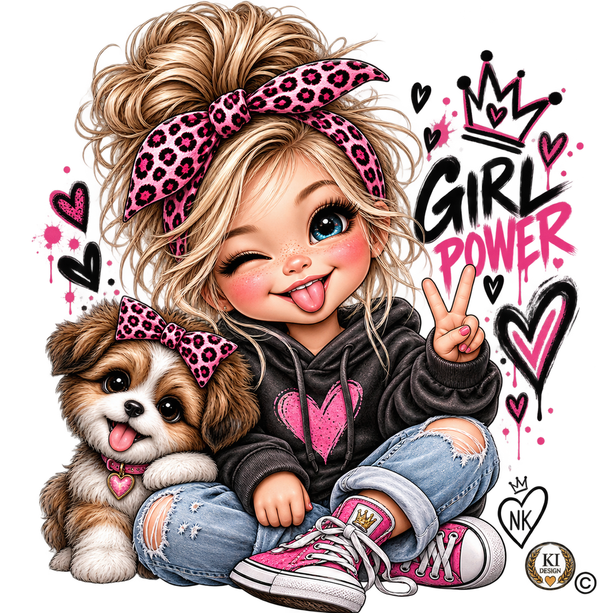 Kids Bügelbild Girl Power mit Mädchen und Hund, NK Kennzeichnung