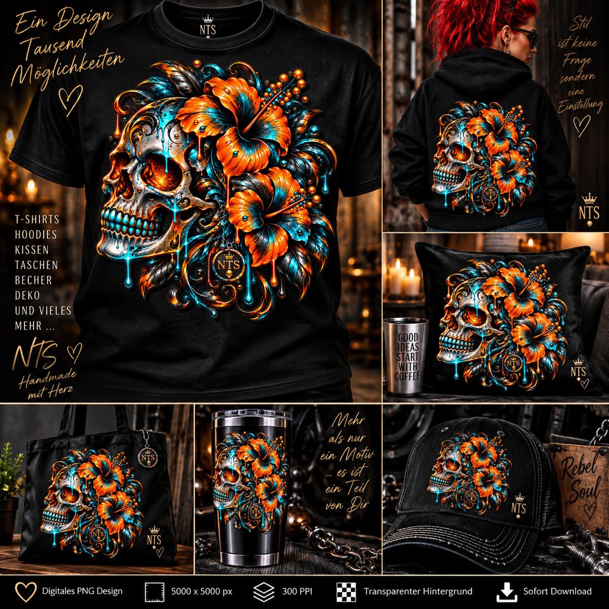 Floraler Skull in Orange und Türkis – DTF Bügelbild BB-6009