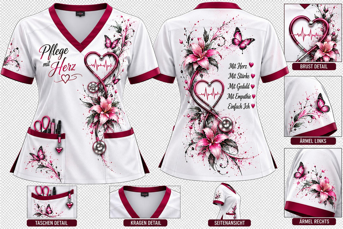 Originaldesign Pflege mit Herz – Weiß mit Blumenmotiv, Vorschau – tatsächliche Umsetzung auf weißem Kasack nach Prüfung