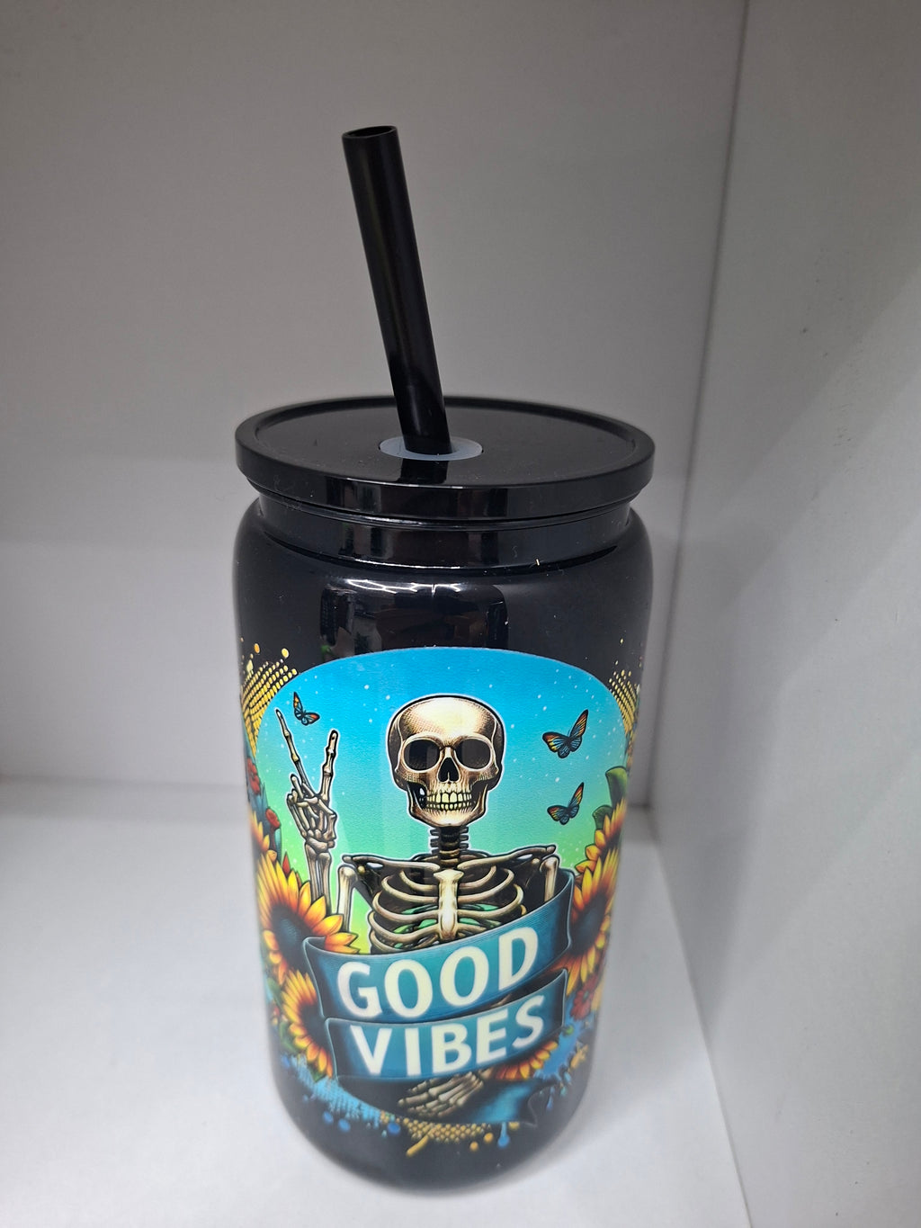 Unikat - Becher mit Strohhalm Anne in Schwarz 500ml