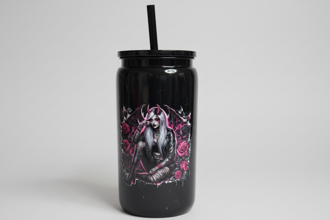 Unikat - Becher mit Strohhalm Anne in Schwarz 500ml
